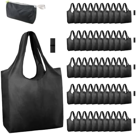 BeeGreen Black Reusable Grocery Bags Wholesale Dark Reusable Kitchen Bags Bulk Foldable-Machine Washable with Zipper Storage Pouch 50 Packs by BeeGreen