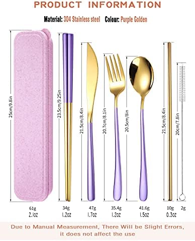 AARAINBOW 6 Pieces 18/8 Stainless Steel Flatware Set Portable Reusable Cutlery Set Travel Utensils Set Including Chopsticks Knife Fork Spoon Straws Cleaning Brush Dishwasher Safe (Purple golden) - Image 2