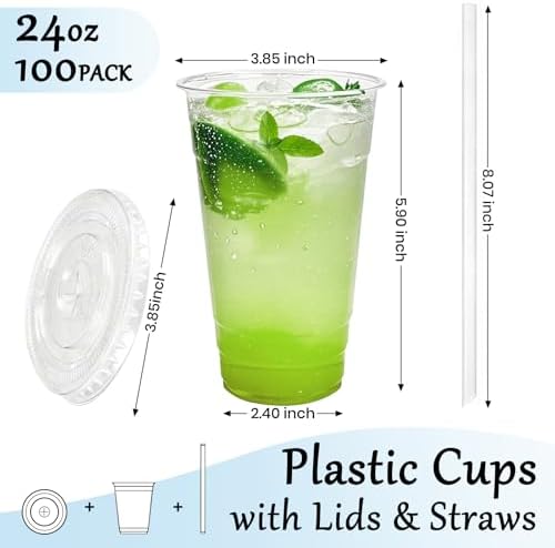 100 Pack 24 oz Leak-Proof Clear Plastic Cups with Lids and Straws - Image 2