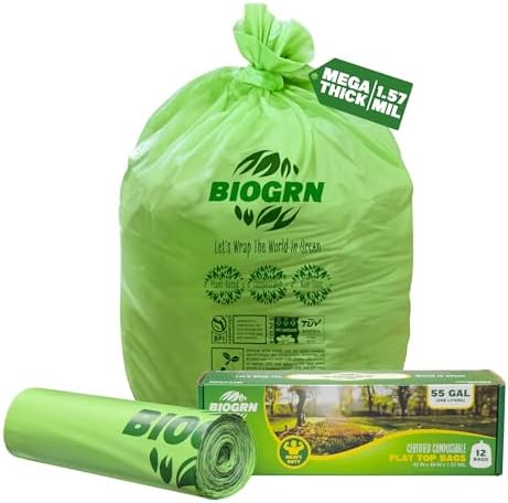 50-55 Gallon Compostable Trash Bags, 12 Count, 1.57 Mil Heavy Duty Flat Top Large Trash Bags for Lawn, Leaf, Yard Waste & Outdoor Garden Cleanup, ASTM D6400 BPI & OK Compost HOME Certified by BIOGRN