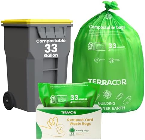 30-33 Gallon Compostable Trash Bags Liners Flat-Top, Heavy Duty Extra Thick 1.28 Mil, 124.92 Liter, 30 Bags, Lawn, Yard, and Restaurant Use, ASTM D6400, US BPI Certified by TerracorPackaging