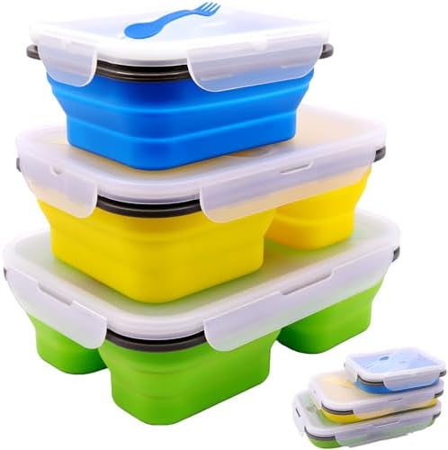 Set of 3 Collapsible Silicone Bento Lunch Boxes With Lids Spoon Fork, Divided Compartments Food Storage Containers, Safe in Microwave, Dishwasher and Freezer, BPA Free (Assorted 3PCS) by FUSMYE