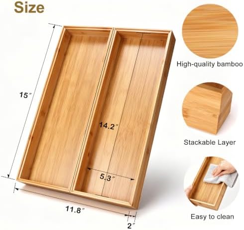 Bamboo Drawer Organizer Set of 2 for Kitchen Drawers, Large Stackable Drawer Organizer for Silverware, Utensils, Cutlery, Flatware, Junk Drawer, Dresser, Bathroom, 15" x 6" x 2" - Image 3