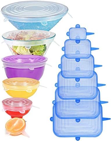 [12pack] Longzon Silicone Stretch Lids 6 Clear Round 6 Blue Rectangle, Magic Lids Reusable Food Covers for Bowls, Cups, Cans, Fit Different Sizes & Shapes of Container, Dishwasher & Freezer Safe