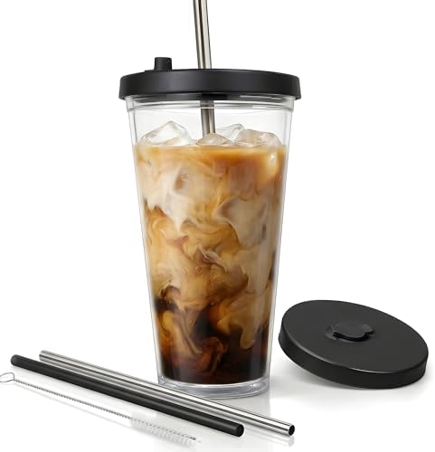 Reusable Iced Coffee Cup with Lid and Straw, 16 oz/Grande, BPA-Free Double-Wall Insulated Plastic Tumbler for Cold Drinks, Includes Clear Plastic Straw, Stainless Steel Straw and Cleaning Brush, Black by KensalHome