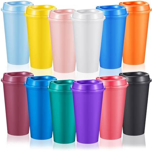 FillTouch 12 Pcs 16 oz Reusable Coffee Cups with Lids, Bright Colors by FillTouch