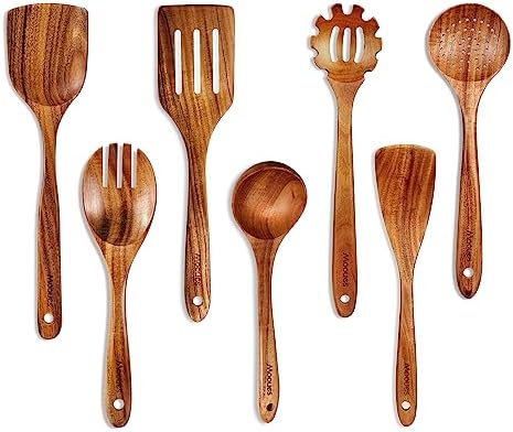 Mooues Wooden Kitchen Utensil Set, 12 Piece Natural Teak with Spoon Rest by Mooues
