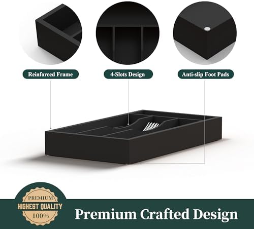 Small Silverware Organizer, Bamboo Kitchen Drawer Organizer, Utensil Holder, Cutlery Tray & Spoon Flatware Storage with Grooved Drawer Dividers (Black, 6.7''W x 12''D) - Image 6