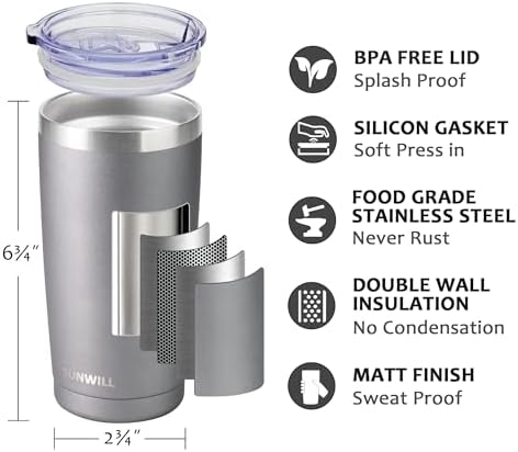 SUNWILL Travel Coffee Tumbler 20 oz, Insulated Mug with Lid, Stainless Steel Cup for Hot and Cold Drinks, Cool Grey - Image 2
