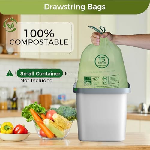 13 Gallon Compostable Trash Bags with Drawstring, Heavy Duty Extra Thick 1 Mil, 49.21 Liter, 30 Bags, Tall Kitchen Food Scrap Waste Bag, ASTM D6400, US BPI and OK Compost Home Certified - Image 2