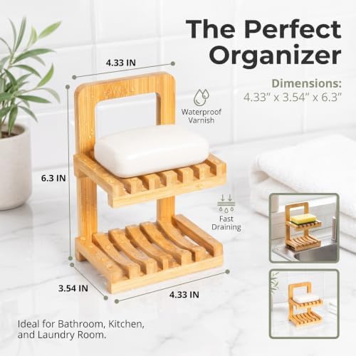 Bamboo Soap Dish for Shower, 2 Tier Shampoo Bar Soap Holder - Image 6
