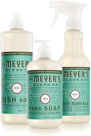 MRS. MEYER'S CLEAN DAY Kitchen Basics Set, Basil Scent Cleaning Supplies includes Hand Soap (12.5 Fl Oz), Dish Soap (16 Fl Oz) and Multi-Surface Cleaner (16 Fl Oz) by MrsMeyers