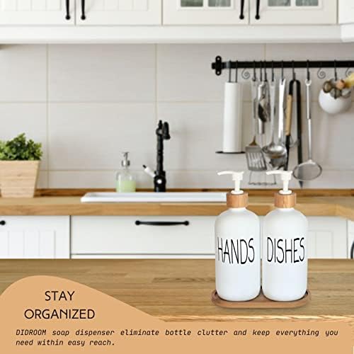 Glass Soap Dispenser Set - Hand Soap and Dish Soap Dispenser with Bamboo Tray. Vintage Soap Dispenser with Pump for KitchenKitchen Drain Outlet and Bathroom. Stylish Permanent Labels (Matte White) - Image 3