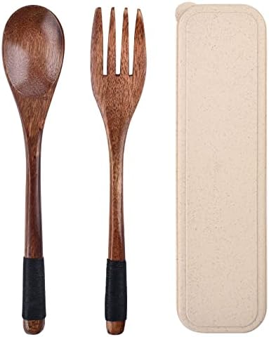 Wooden Cutlery Set, Travel Utensils with Case, Spoon & Fork, 3 Pcs by JIABEIUSHomelifebutler