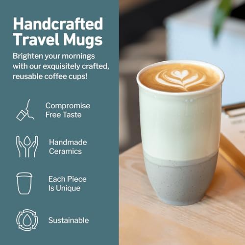 NOVA CERAMICS Travel Mug – Coffee Travel Mug – Reusable Coffee Cup Unique to Go Mug – Microwave & Dishwasher Safe Coffee White Tumbler - Gifts for Women Men Him Her – 12oz – Sea Mist - Image 2