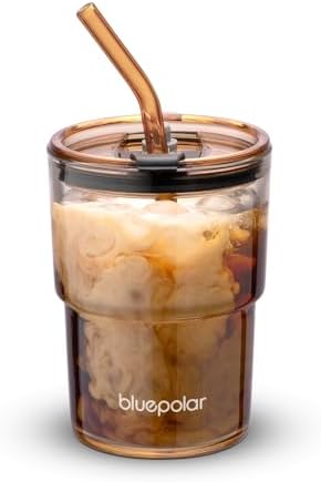 BLUEPOLAR 13oz/400ml Glass Water Tumbler with Straw and Lid Sealed Carry On Thick Wall Iced Coffee Cup Glass Cup for Water, Iced Tea Fruit Juice Etc (Amber) by BLUEPOLAR