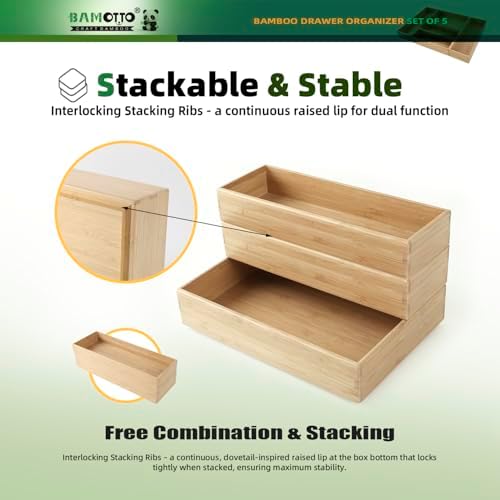 BAMOTTO CRAFTBAMBOO Stackable Bamboo Drawer Organizer Set of 5 for Kitchen - Image 3