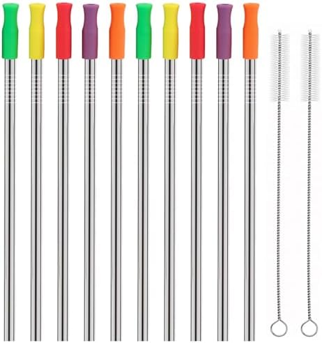 Stainless Steel Metal Straws with Silicone Tips Set of 10 Straight Reusable Drinking Straws for 20oz 30oz Tumblers (10.5'' L 0.24''Dia Staw + 2 Brushes) by HuaQi