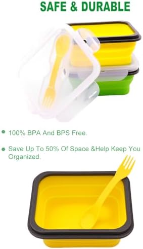 2 Pack Collapsible Silicone Bento Lunch Boxes With Lids Spoon Fork, 20.3oz, Meal Prep Food Storage Containers, Durable, Safe in Microwave, Dishwasher and Freezer, BPA Free (Green and Yellow) - Image 4