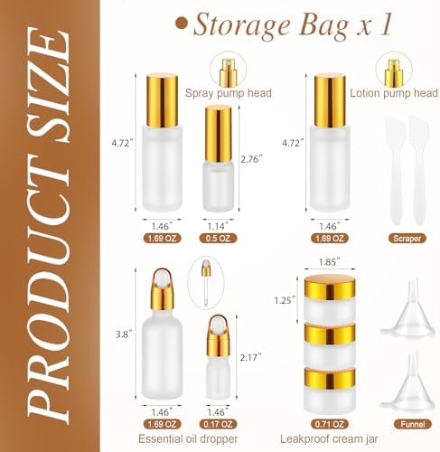 Jingmore 13 Pcs Glass Skincare Travel Containers Mini Makeup Containers Travel Size Toiletries Bottles with Pump Spray and PU Leather Toiletry Bag for Liquid Serum Cream Moisturizers Oils(Gold) - Image 2