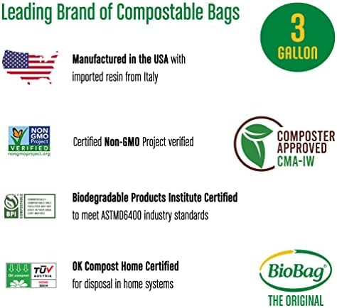 3 Gallon Compostable Food Scrap Bags by BioBag, 100 Count, BPI Certified, Meets ASTM D6400 Standards, Made in USA, Kitchen Trash Bin Liners - Image 4