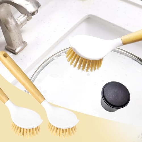 2 Pack Kitchen Scrub Brushes for Cleaning Dish Brush with Handle for Pans, Pots, Kitchen Sink Cleaning Scrub Brushes (Wooden Handle) - Image 2