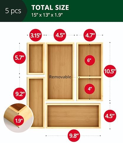 ROYAL CRAFT WOOD 5-Piece Bamboo Drawer Organizer Set – Multi-Use Storage Trays for Kitchen, Bathroom, Office, Makeup, Jewelry & More – Junk Drawer Tray, Utensil Holder, Storage Box & Bin Set (5 Boxes) - Image 2