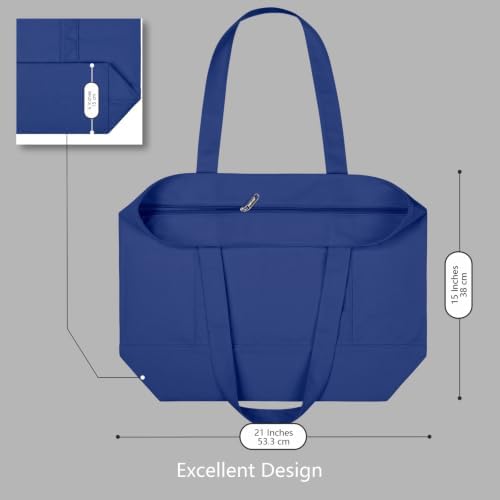 TOPDesign 3-Pack Canvas Tote Bags with an External Pocket, Reusable Grocery Shopping Bags, Top Zipper Closure, Daily Essentials (Blue) - Image 5