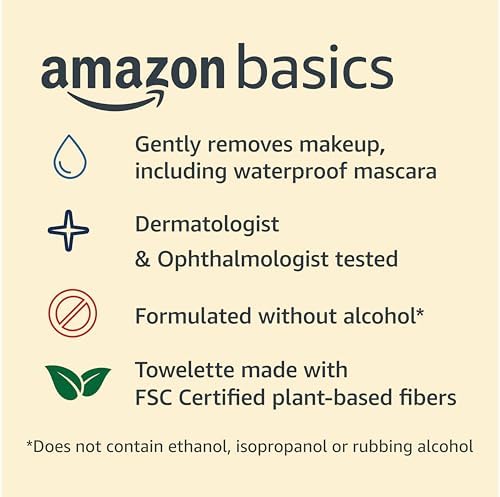 Amazon Basics Makeup Remover Wipes, Gentle Cleansing, Dermatologist Tested, pH-Balanced, Plant Based, Alcohol-Free, Removes Waterproof Mascara, 25 Count, 2-Pack - Image 3