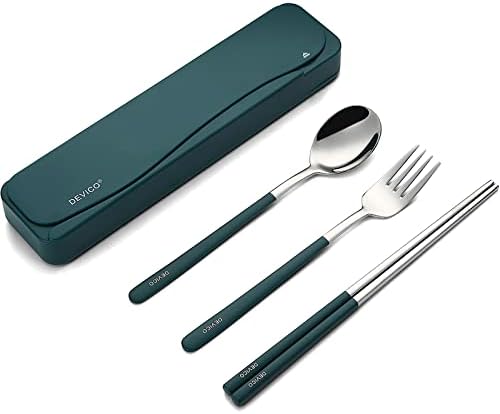 DEVICO Travel Utensils with Case, 4Pcs Portable Silverware Set for Work, 18/8 Stainless Steel Reusable Cutlery, Korean Spoon and Chopsticks Fork for Camping, School, Lunch Box Accessories (Dark Green) by DEVICO