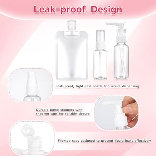 9-Pack Travel Bottles Set, Leak-Proof Refillable Containers with Clear Zipper Bag for Toiletries, Skincare, Shampoo, Lotion TSA Approved Mini Makeup Cosmetic Organizer Pouchfor Women Travel Essentials - Image 4