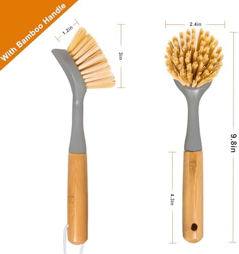 FunCee 2 Pack Kitchen Dish Brushes with Bamboo Handle, Dish Scrubber Built-in Scraper, Scrub Brush for Pans, Pots, Counter & Kitchen Sink Cleaning, Dishwashing and Cleaning Brush Tools, White - Image 4