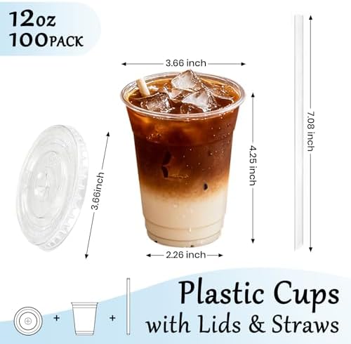 12oz Clear Plastic Cups with Lids and Straws 100 Pack - Image 2