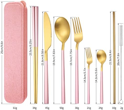 AARAINBOW 6 Pieces Stainless Steel Flatware Set Portable Reusable Cutlery Set Travel Utensils Set Including Chopsticks Knife Fork Spoon Straws Cleaning Brush Dishwasher Safe (B-Pink golden) - Image 2