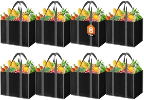 WISELIFE Reusable Grocery Bags with Handles, Foldable, 35L, 8 Pack, Black by WiseLife