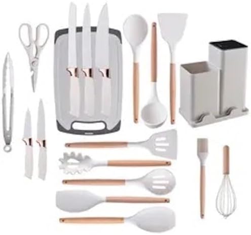 Kitchen Utensils Set & Knife Set with Block, 19 Piece All-in-One Cooking Set, 12 Nonstick Silicone Utensils + 5 Sharp Stainless Steel Chef Knives + Cutting Board, Dishwasher Safe Gift Set (White) by Eco+Tiger