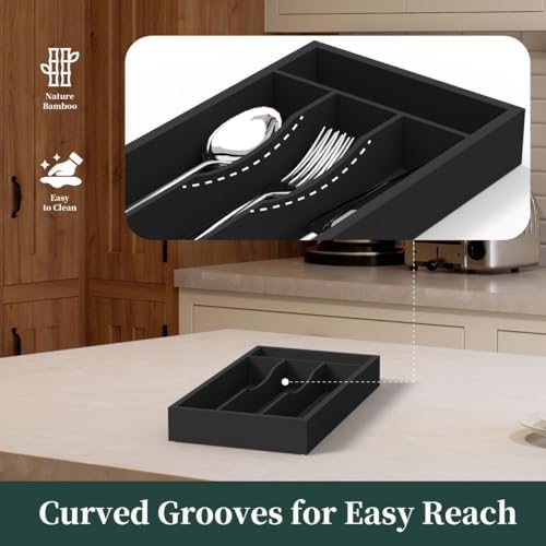 Small Silverware Organizer, Bamboo Kitchen Drawer Organizer, Utensil Holder, Cutlery Tray & Spoon Flatware Storage with Grooved Drawer Dividers (Black, 6.7''W x 12''D) - Image 4