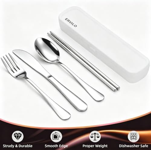 Travel Utensils with Case, Stainless Steel Portable Cutlery Set, Lunch Box Silverware for Work Camping Picnic, Reinforced Case with Snap-Lock Closure, Include Fork Spoon Knife Chopsticks, Silver - Image 5