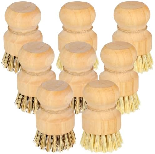8 Packs Bamboo Dish Scrub Brushes Natural Palm Wooden Scrubbers Set Kitchen Dishwashing Scrubber with Natural Sisal Bristles for Iron Pot Pan Sink (Round) by Unknown