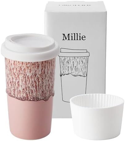 Ceramic Travel Mug with Lid 12 oz Cute Aesthetic Coffee Cup for Women, Stylish Reusable Travel Mug, Microwave & Dishwasher Safe, Fits Car Cup Holder (Icy Pink) by Giroflier