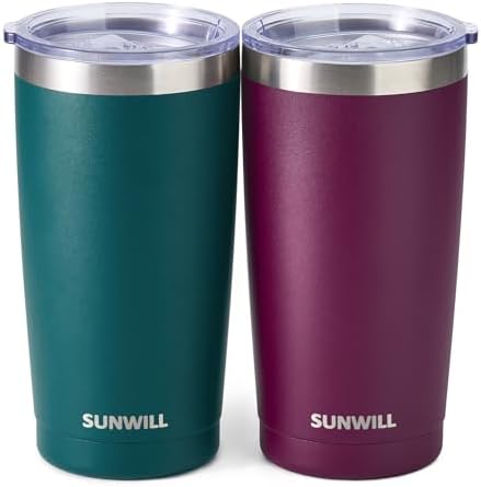 SUNWILL Travel Coffee Mug with Lid, 20 oz Tumbler Set of 2, Insulated Stainless Steel Cup for Drinks， Water, Tea, Powder Coated Forest Green & Plum by SUNWILL