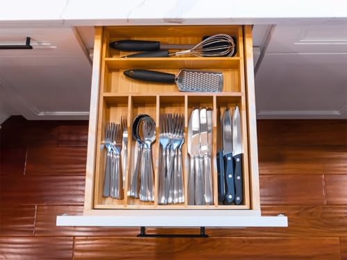 Umilife Kitchen Drawer Organizer, 12.5 Inch Silverware Utensil Tray Holder, Extra Deep, with Non-Slip Feet & Grooved Drawer Divider, 7 Slots Total Bamboo Wood Caddy for Flatware Cutlery Knives - Image 7