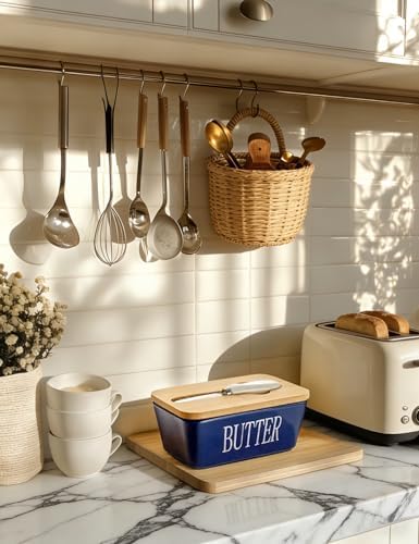 Ceramic Butter Dish with Lid and Knife & Silicone Seal for Countertop Blue - Image 6