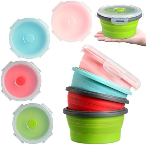 Suclain 4 Pcs Collapsible Bowls with Lids Silicone Camping Food Storage Container Expandable Folding Salad Lunch Box Travel Container for Hiking Camping by Suclain