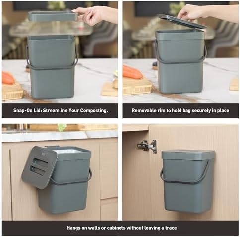 EKO Puro Mini Wall-Mounted Kitchen Trash Can with Lid, Food Waste Caddy, 1.32 Gall / 5L (Grey) (Pack of 12) - Image 6