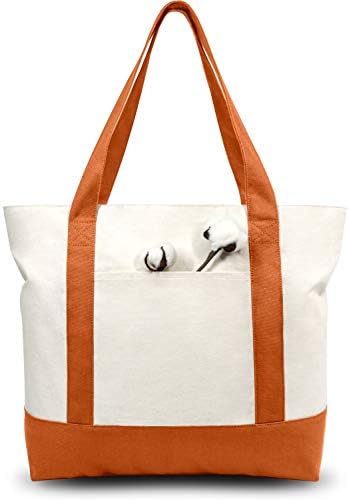 TOPDesign 1-Pack Canvas Tote Bag with an External Pocket, Reusable Grocery Shopping Bag, Top Zipper Closure, Daily Essentials (Orange/Natural) by TOPDesign