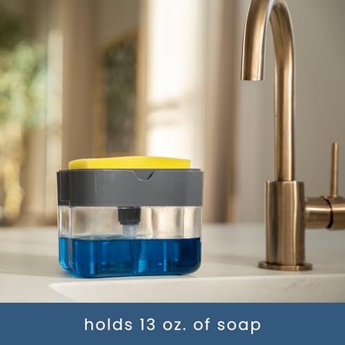 S&T INC. Dish Soap Dispenser and Sponge Holder for Kitchen Sink, Sponge Included, 13 Ounces, Grey - Image 5