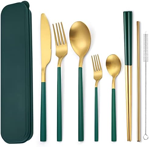 AARAINBOW 6 Pieces Stainless Steel Flatware Set Portable Reusable Cutlery Set Travel Utensils Set Including Chopsticks Knife Fork Spoon Straws Cleaning Brush Dishwasher Safe (B-Green golden) by AARAINBOW