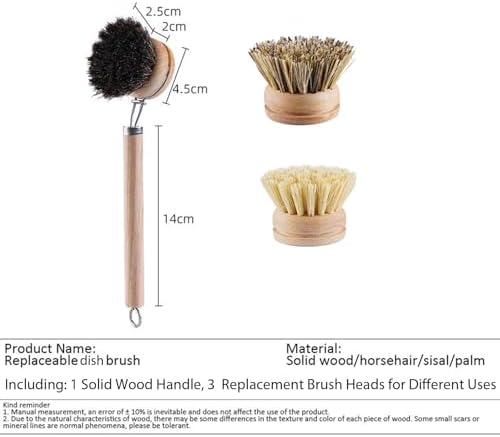 Bamboo Dish Brush with Handle, 1 Sturdy Wooden Handle with 3 Natural Bristle Heads, Horsehair, Sisal, Palm - All Purpose Kitchen Scrubber, Bamboo Wok Brush, Fruit and Veggie Scrubber - Image 2