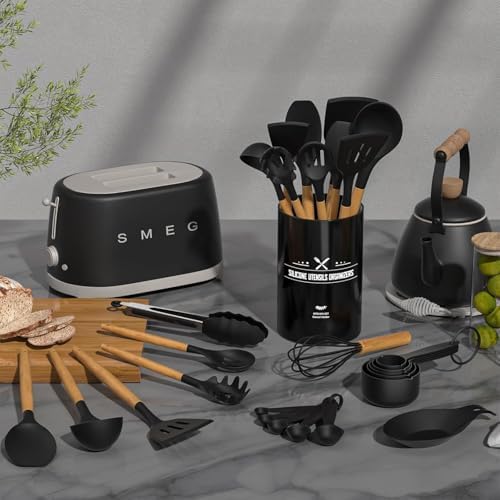 Kitchen Utensils Set- 34PCS Silicone Cooking Utensil with Holder, Umite Chef Heat Resistant Kitchen Spatula Set for Nonstick Cookware, Black Wooden Handles Kitchen Gadgets Tools Set - Image 2